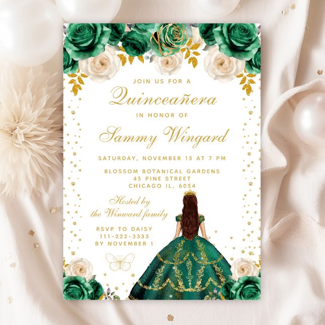 Green Floral Princess Quinceañera Invitation (Creator Uploaded)