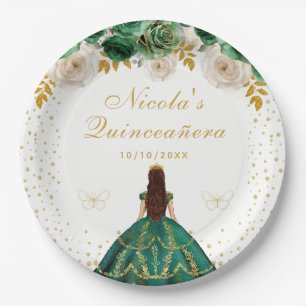 Green Floral Princess Quinceañera Paper Plate