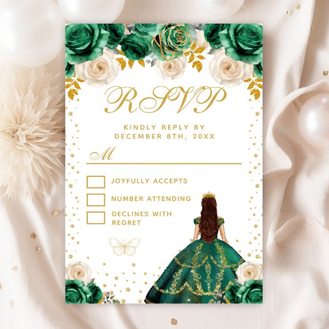 Green Floral Princess Quinceañera RSVP Card (Creator Uploaded)