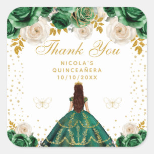 Green Floral Princess Quinceañera Square Sticker