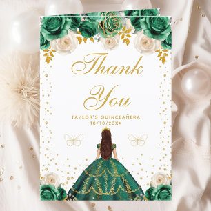Green Floral Princess Quinceañera Thank You Card