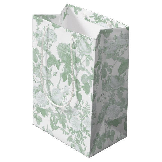 Green Floral Roses French Chinoiserie Pattern Medium Gift Bag (Back Angled)