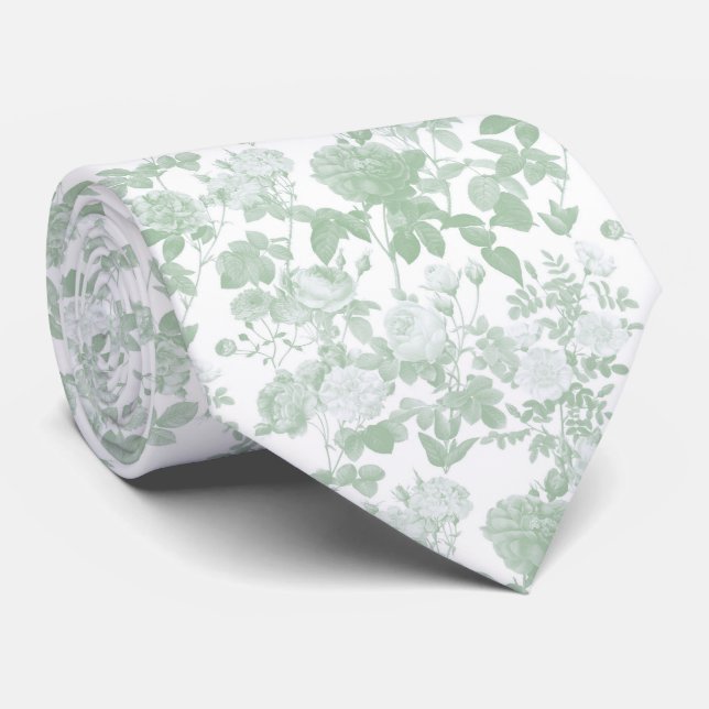 Green Floral Roses French Chinoiserie Pattern Tie (Rolled)