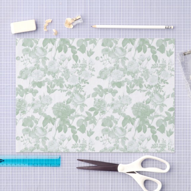 Green Floral Roses French Chinoiserie Pattern Tissue Paper (Craft)