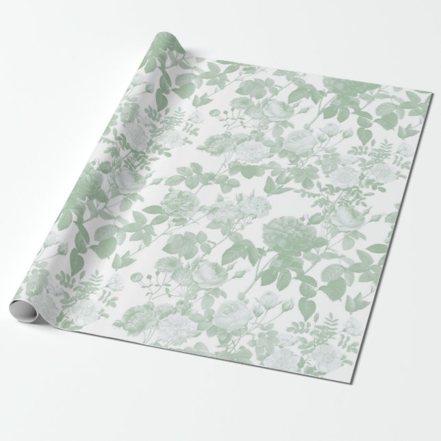 Green Floral Roses French Chinoiserie Pattern Wrapping Paper (Unrolled)
