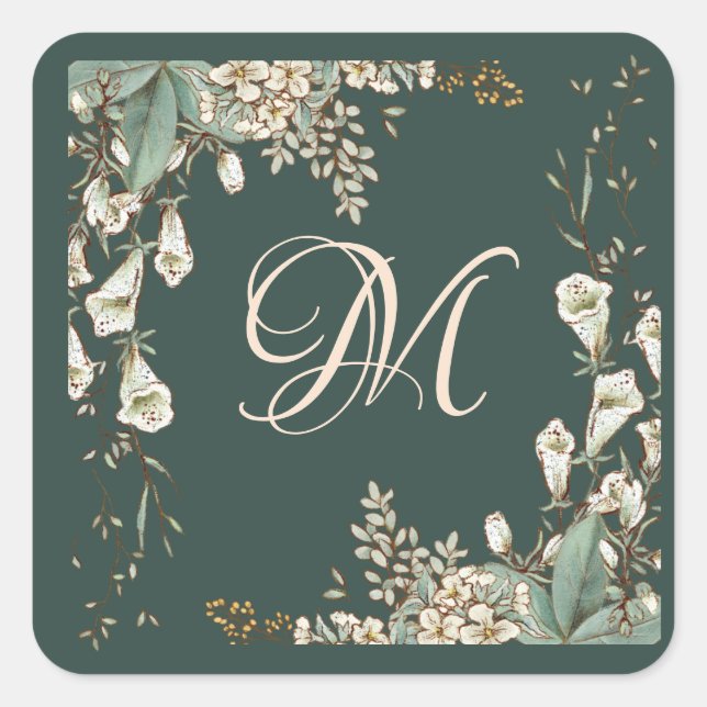 Green Floral Script Monogram Elegant Wedding Square Sticker (Front)