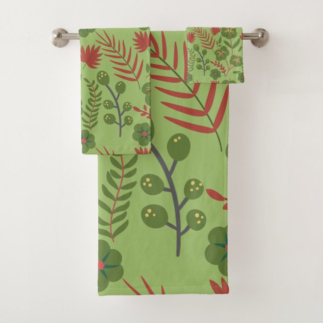 Green floral seamless pattern flower, branch, leaf bath towel set (Insitu)