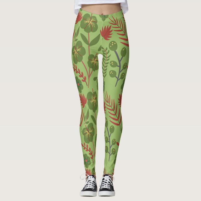 Green floral seamless pattern flower, branch, leaf leggings (Front)