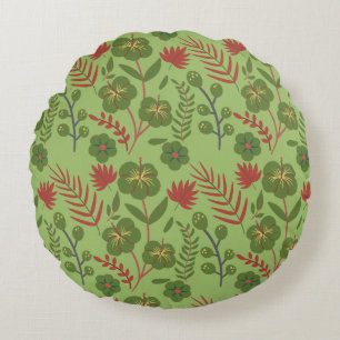 Green floral seamless pattern flower, branch, leaf round cushion