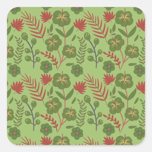 Green floral seamless pattern flower, branch, leaf square sticker (Front)