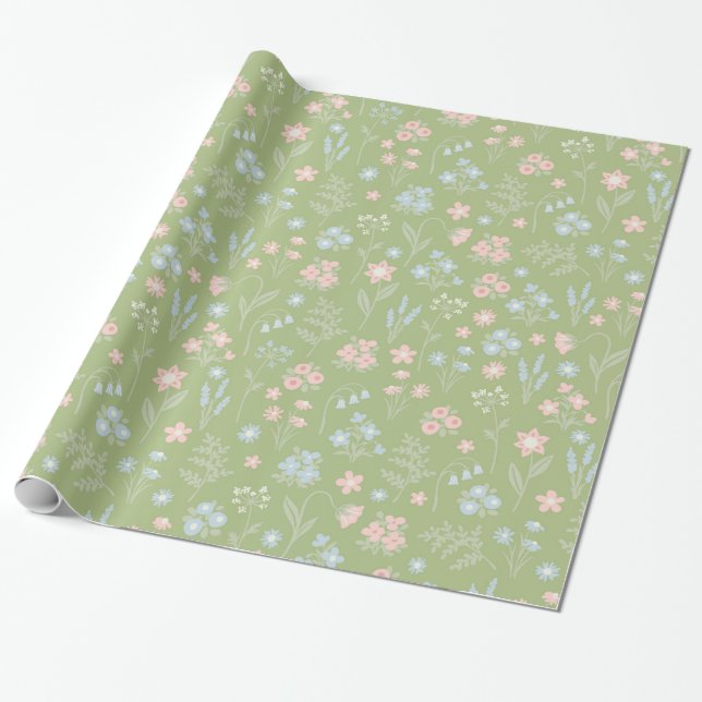 Green Floral Silly Goose Spring Floral Wrapping Paper (Unrolled)