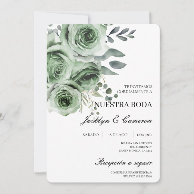 Green Floral Spanish Wedding Invitation (Front)