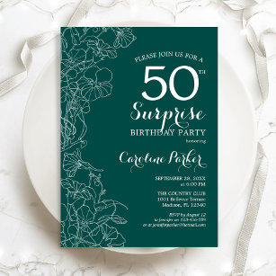 Green Floral Surprise 50th Birthday Party Invitation