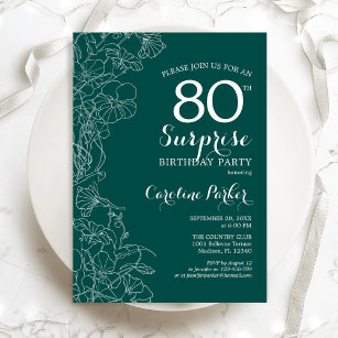 Green Floral Surprise 80th Birthday Party Invitation