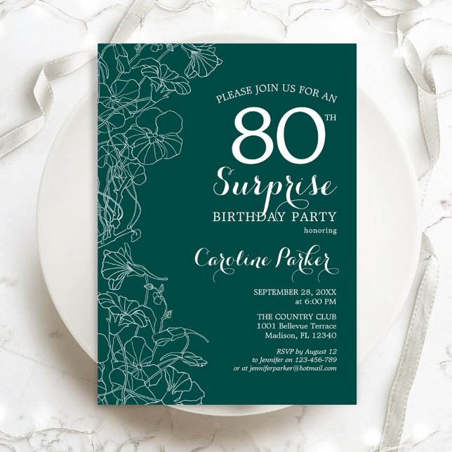 Green Floral Surprise 80th Birthday Party Invitation (Creator Uploaded)