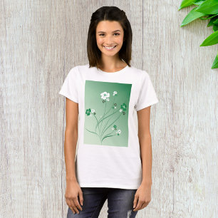 Green Floral Swirls and White Blossoms T-Shirt