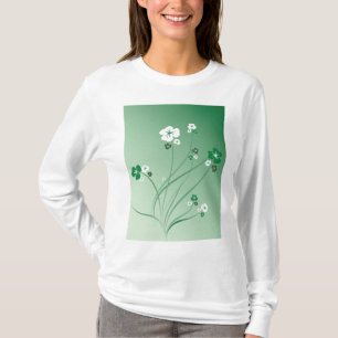 Green Floral Swirls and White Blossoms T-Shirt