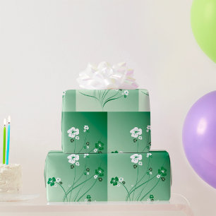 Green Floral Swirls and White Blossoms Wrapping Paper
