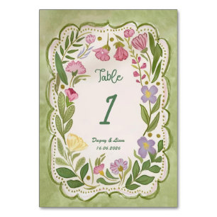 Green Floral Table Number Template, Hand drawn