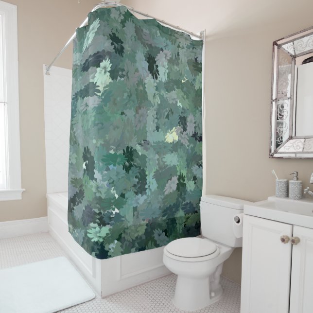 Green Floral Tapestry Shower Curtain (In Situ)