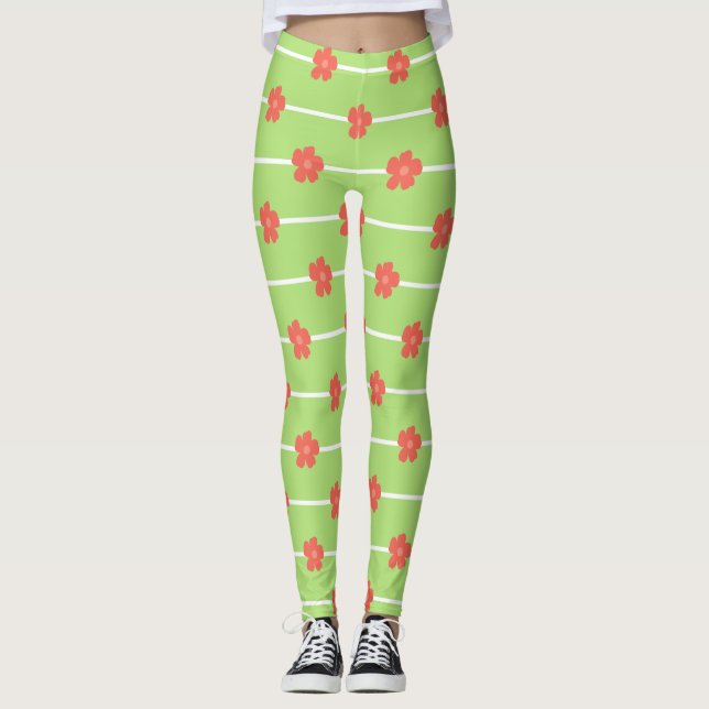 Green Floral Tiles Leggings (Front)