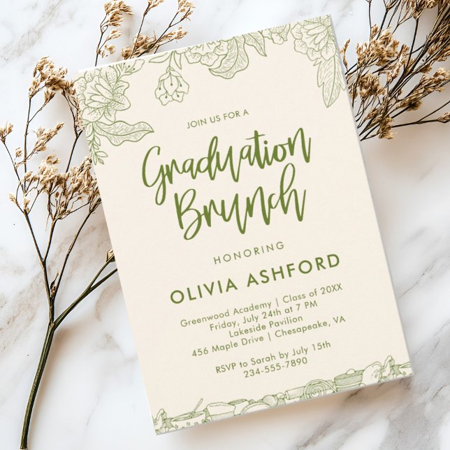 Green Floral Trendy Brunch graduation Invitation (Creator Uploaded)