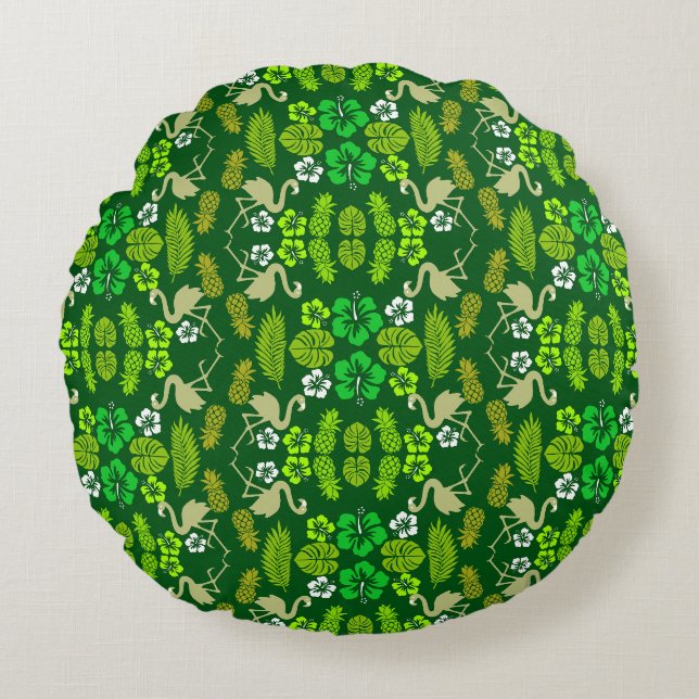 Green Floral Tropical Fruit Patterned Round Cushion (Front)