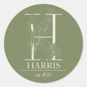 Green Floral Vintage Ornament Letter H Monogram Classic Round Sticker