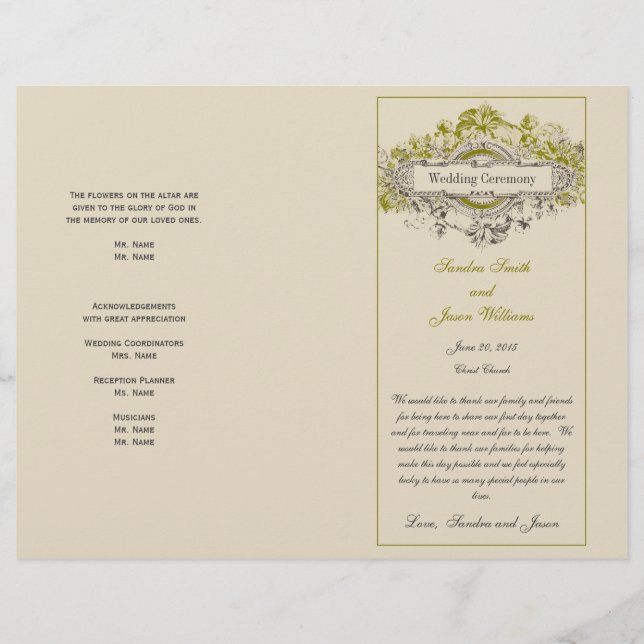 Green Floral Vintage Wedding Program (Front)