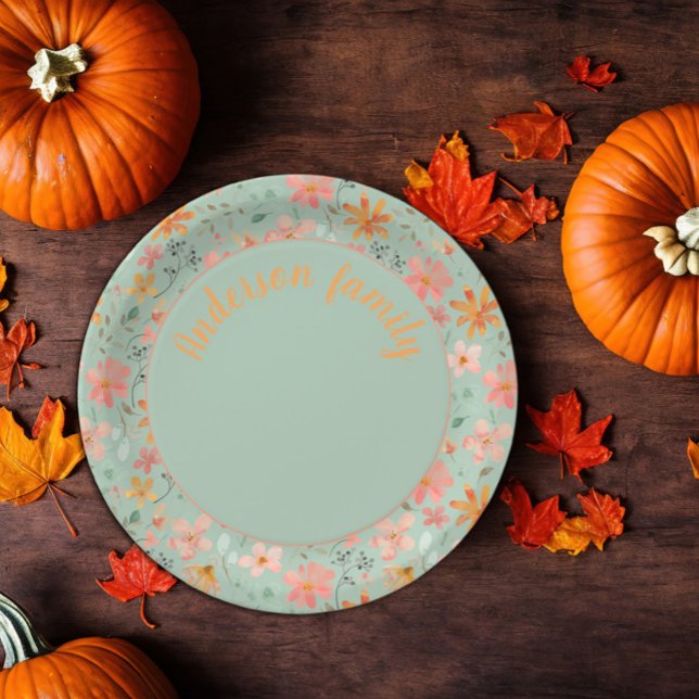 Green floral watercolor orange name paper plate (Creator Uploaded)