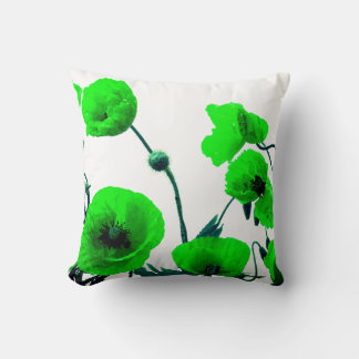 Green Floral Watercolor Poppy Flowers White Modern Cushion