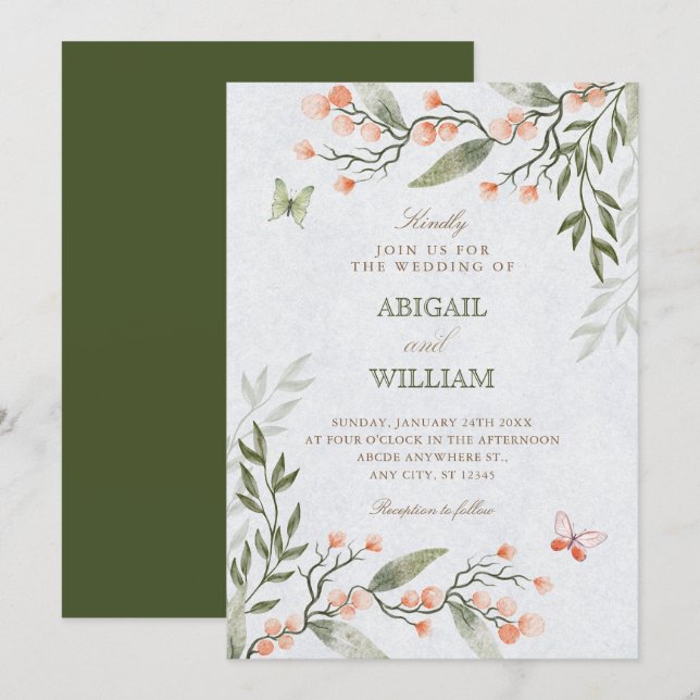 Green floral wedding  invitation (Front/Back)