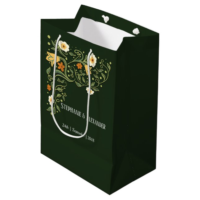 Green Floral Wedding Medium Gift Bag (Front Angled)