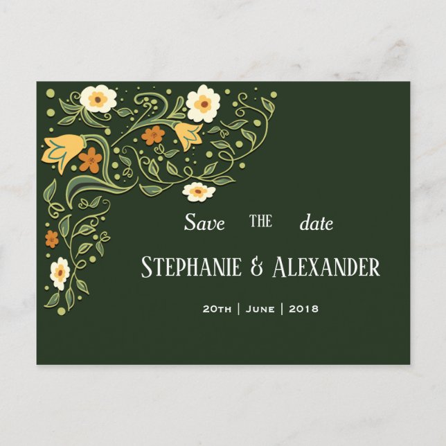 Green Floral Wedding Save the Date Announcement Postcard (Front)