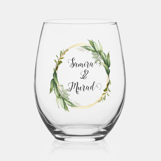 Green Floral Wedding Stemless Wine Glass (Front)