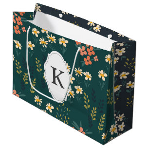 Green Floral Wildflower Monogram Large Gift Bag