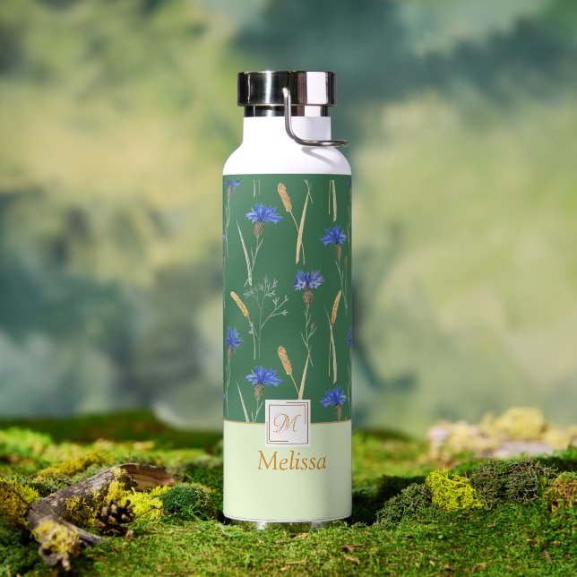 Green Floral Wildflower Monogram Water Bottle (Outdoor)