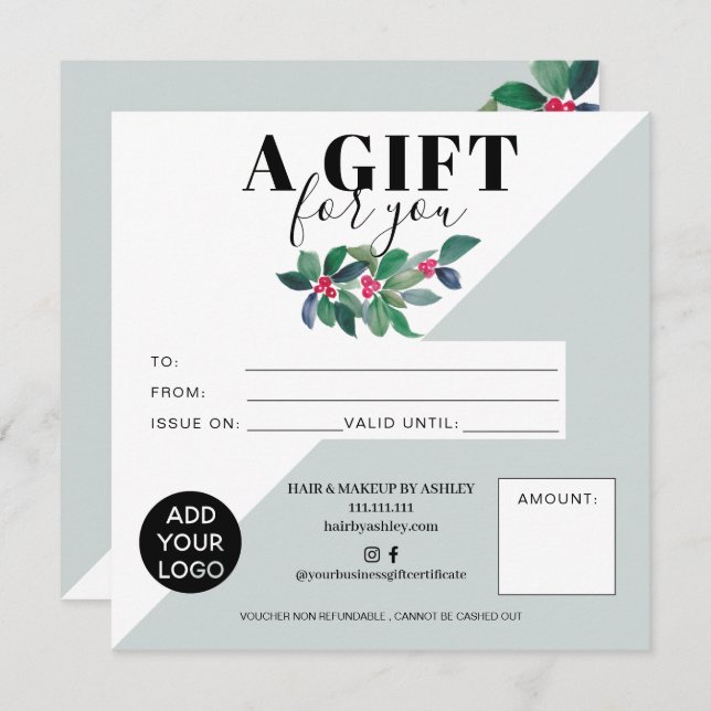 Green floral winter square gift certificate logo (Front/Back)