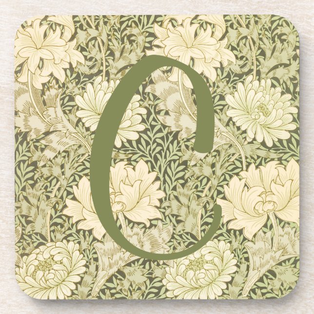 Green Floral Wm Morris Design Monogram Coaster (Front)