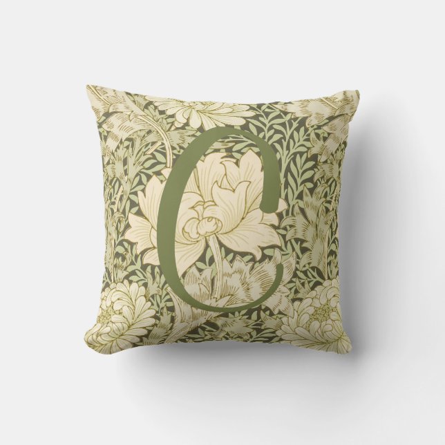 Green Floral Wm Morris Design Monogram Cushion (Front)