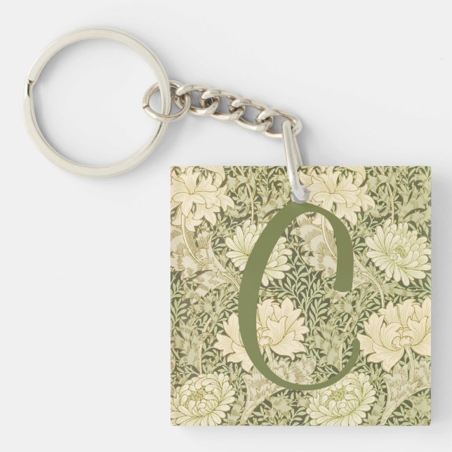 Green Floral Wm Morris Design Monogram Key Ring (Front)