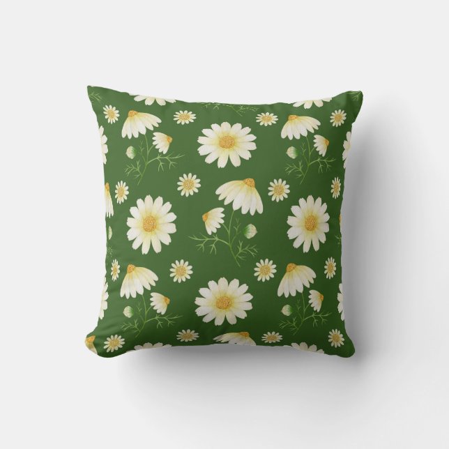 Green Florals Farmhouse Decor Daisy Throw Pillow (Front)