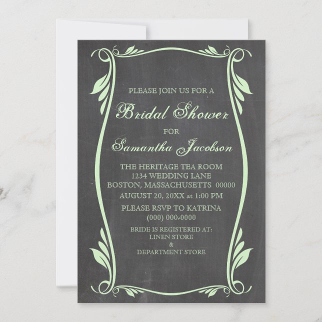 Green Flourish Chalkboard Bridal Shower Invite (Front)