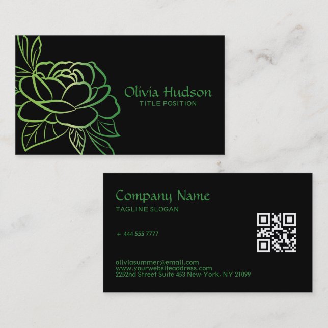 Green Flower Black Background  Business Card (Front/Back)