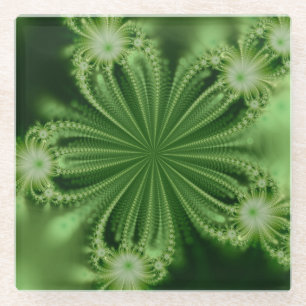 Green Flower Fractal Glass Coaster