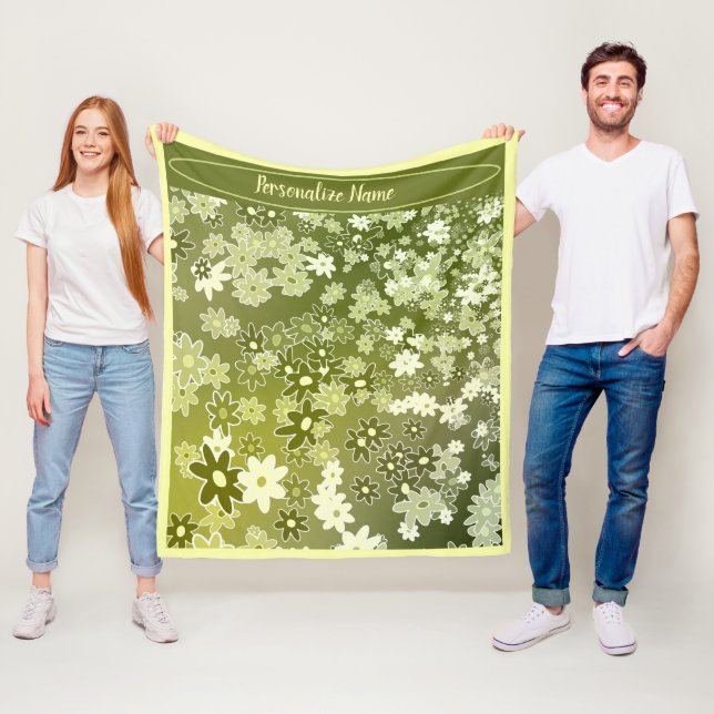 Green Flower & Leaf Pattern Personalise Fleece Blanket (In Situ)