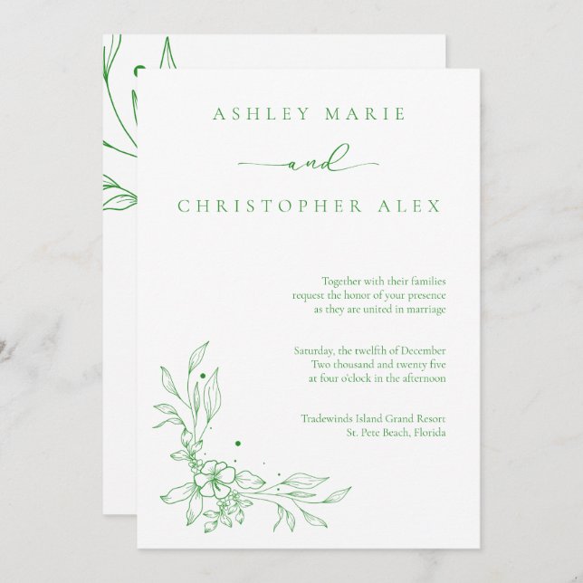 Green Flower Neutral Wedding Invitation (Front/Back)