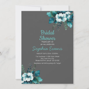 Green Flowers and Leaves Grey Bridal Shower Invitation