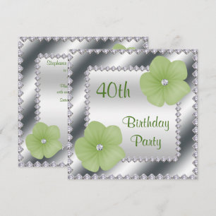 Green Flowers & Diamonds 40th Birthday Invitation