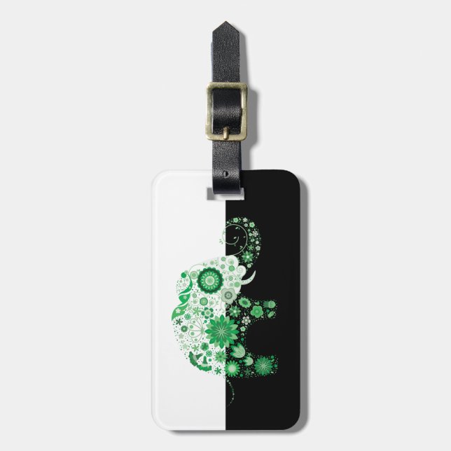 Green Flowers  Elephant Black & White Background Luggage Tag (Front Vertical)